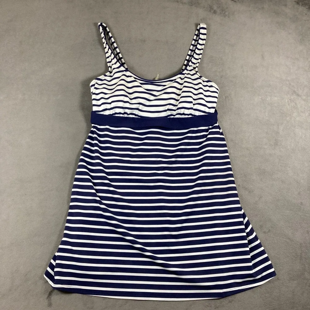 Lands End Navy Blue White Striped Swim Dress Underwire 10P Nautical Swimwear